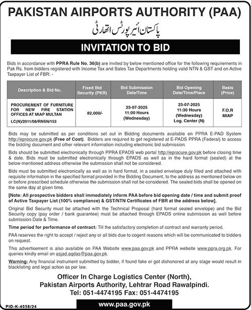 Pakistan Airport Authority Rawalpindi Tender Notice
